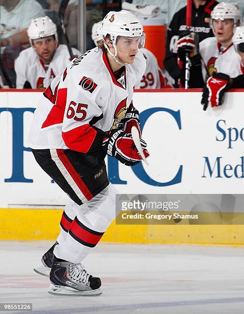 Erik Karlsson of the Ottawa Senators moves the puck against the Pittsburgh Penguins in Game Two of the Eastern Conference Quarterfinals during the...
