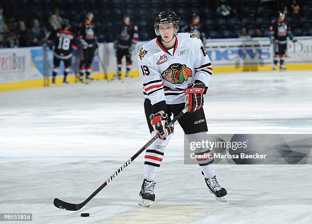 Ryan Johansen of the Portland Winterhawks warms up against the Kelowna Rockets at Prospera Place on April 7, 2010 in Kelowna, British Columbia,...