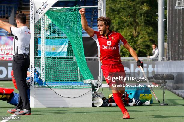 Cedric Charlier of Belgium celebrates 0-1 during the Champions Trophy match between Australia v Belgium at the Hockeyclub Breda on June 23, 2018 in...