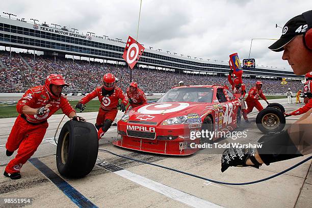 Juan Pablo Montoya, driver of the Target Chevrolet, pits during the NASCAR Sprint Cup Series Samsung Mobile 500 at Texas Motor Speedway on April 19,...