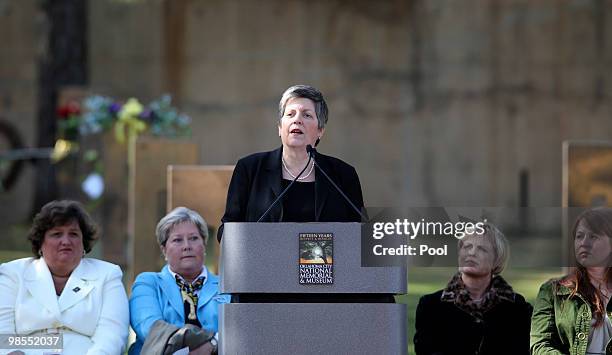 Secretary of Homeland Security Janet Napolitano speaks during the 15th anniversary observance ceremony of the Murrah Building bombing April 19, 2010...