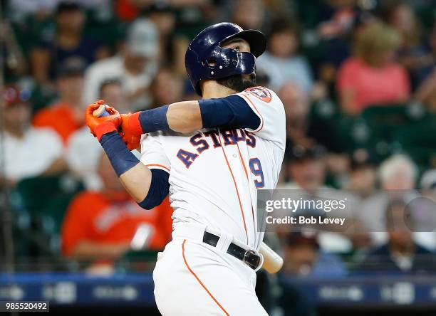 Marwin Gonzalez of the Houston Astros hits a home run in the eighth inning against the Toronto Blue Jays at Minute Maid Park on June 27, 2018 in...