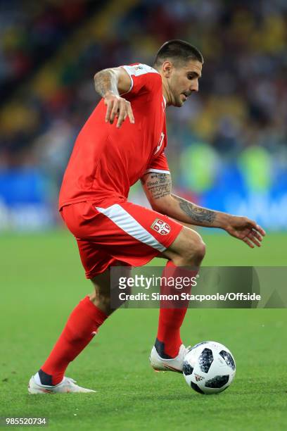 Aleksandar Mitrovic of Serbia in action during the 2018 FIFA World Cup Russia Group E match between Serbia and Brazil at Spartak Stadium on June 27,...