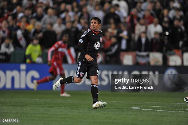 Jaime Moreno of D.C. United runs upfield during the game against Chicago Fire at RFK Stadium on April 17, 2010 in Washington, DC. The Fire defeated...