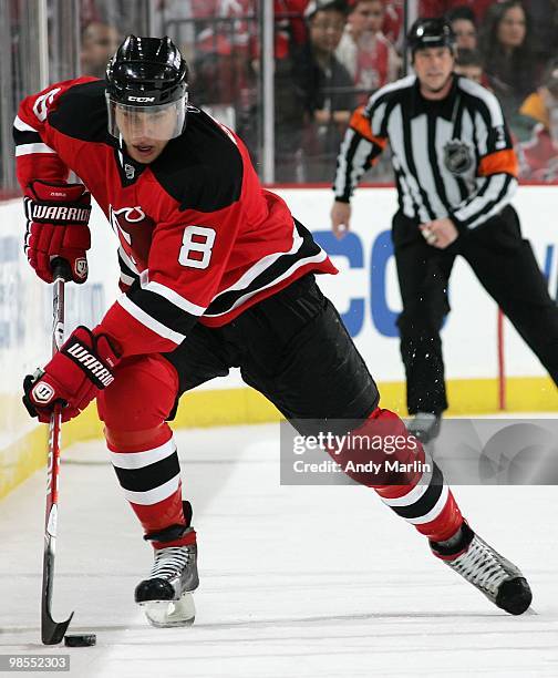 Dainius Zubrus of the New Jersey Devils plays the puck against the Philadelphia Flyers in Game Two of the Eastern Conference Quarterfinals during the...