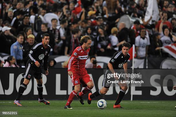 Justin Mapp of Chicago Fire dribbles the ball upfield against D.C. United at RFK Stadium on April 17, 2010 in Washington, DC. The Fire defeated the...