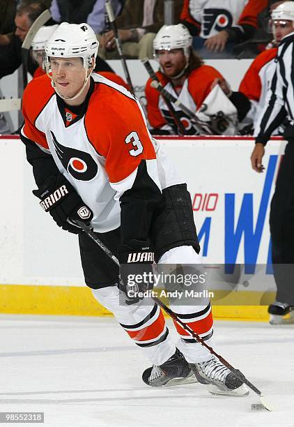 Oskars Bartulis of the Philadelphia Flyers plays the puck against the New Jersey Devils in Game Two of the Eastern Conference Quarterfinals during...