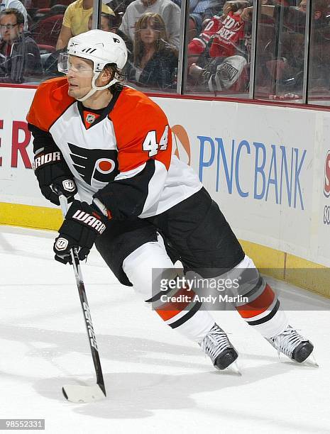 Kimmo Timonen of the Philadelphia Flyers plays the puck against the New Jersey Devils in Game Two of the Eastern Conference Quarterfinals during the...