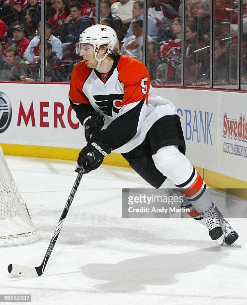 Braydon Coburn of the Philadelphia Flyers plays the puck against the New Jersey Devils in Game Two of the Eastern Conference Quarterfinals during the...