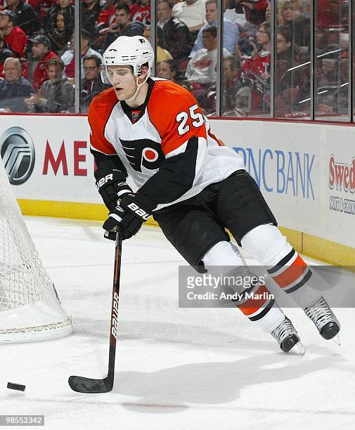 Matt Carle of the Philadelphia Flyers plays the puck against the New Jersey Devils in Game Two of the Eastern Conference Quarterfinals during the...
