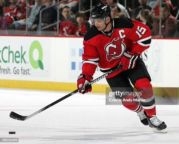 Jamie Langenbrunner of the New Jersey Devils plays the puck against the Philadelphia Flyers in Game Two of the Eastern Conference Quarterfinals...