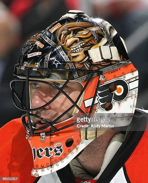 Goaltender Brian Boucher of the Philadelphia Flyers looks on against the New Jersey Devils in Game Two of the Eastern Conference Quarterfinals during...