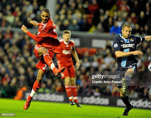 David Ngog of liverpool scores the second goal during the Barclays Premier League match between Liverpool and West ham United at Anfield on April 19,...