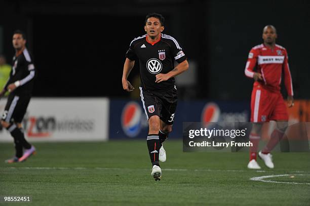 Jaime Moreno of D.C. United runs upfield during the game against Chicago Fire at RFK Stadium on April 17, 2010 in Washington, DC. The Fire defeated...