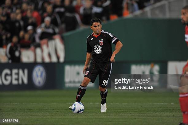 Jaime Moreno of D.C. United dribbles the ball upfield against Chicago Fire at RFK Stadium on April 17, 2010 in Washington, DC. The Fire defeated the...