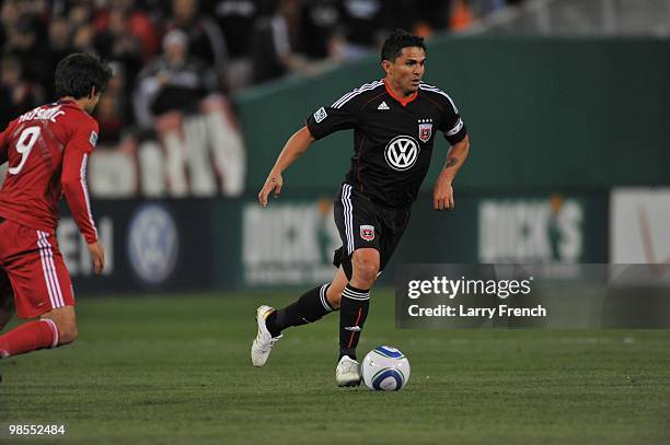 Jaime Moreno of D.C. United dribbles the ball upfield against Chicago Fire at RFK Stadium on April 17, 2010 in Washington, DC. The Fire defeated the...