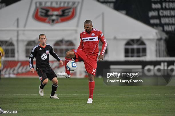 Collins John of Chicago Fire dribbles the ball against D.C. United at RFK Stadium on April 17, 2010 in Washington, DC. The Fire defeated the United...