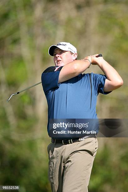 Jarrod Lyle hits a shot during the second round of the Chitimacha Louisiana Open at Le Triomphe Country Club on March 26, 2010 in Broussard,...