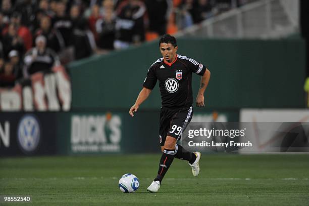 Jaime Moreno of D.C. United dribbles the ball upfield against Chicago Fire at RFK Stadium on April 17, 2010 in Washington, DC. The Fire defeated the...