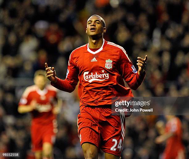 David Ngog of Liverpool celebrates after scoring the second during the Barclays Premier League match between Liverpool and West ham United at Anfield...