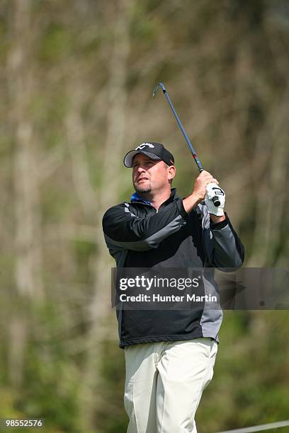 John Kimbell hits a shot during the second round of the Chitimacha Louisiana Open at Le Triomphe Country Club on March 26, 2010 in Broussard,...