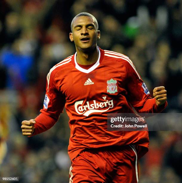 David Ngog of Liverpool celebrates after scoring the second during the Barclays Premier League match between Liverpool and West ham United at Anfield...