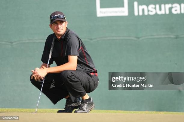 Brian Vranesh lines up a putt during the final round of the Chitimacha Louisiana Open at Le Triomphe Country Club on March 28, 2010 in Broussard,...