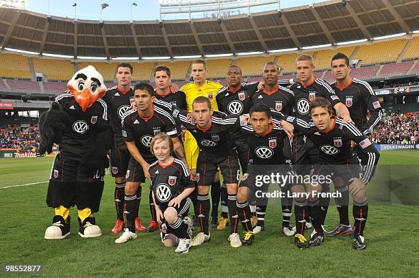 The first team of D.C. United pose for a photo before the game against Chicago Fire at RFK Stadium on April 17, 2010 in Washington, DC. Front, L-R:...