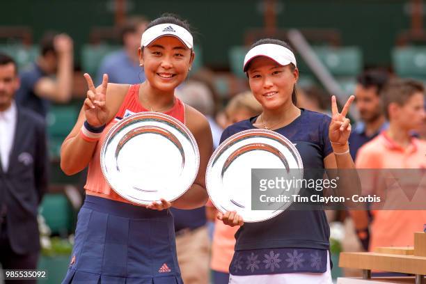 June 10. French Open Tennis Tournament - Day Fifteen. Eri Hozumi of Japan, and her doubles partner Makoto Ninomiya of Japan with their runners-up...