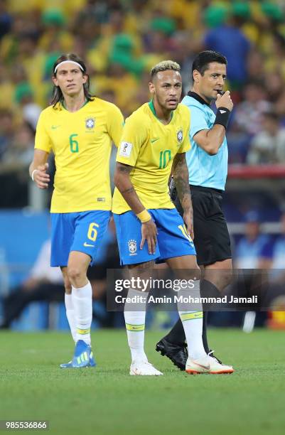 Neymar of Brazil and Alireza faghani referee of Iran looks on during the 2018 FIFA World Cup Russia group E match between Serbia and Brazil at...