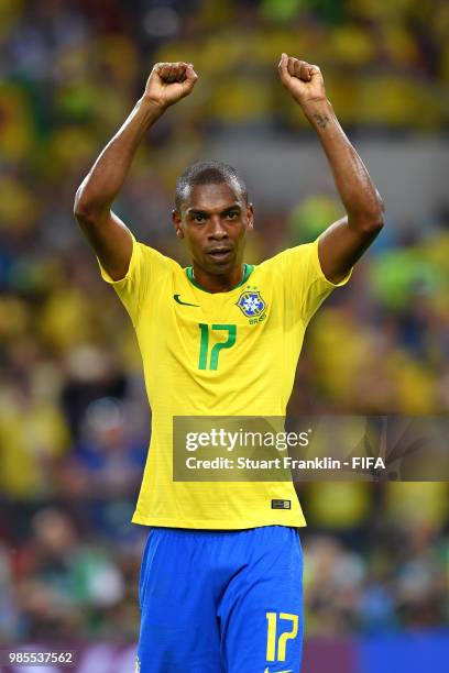 Fernandinho of Brazil celebrates victory folllowing the 2018 FIFA World Cup Russia group E match between Serbia and Brazil at Spartak Stadium on June...