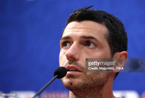 Blerim Dzemaili of Switzerland speaks to the media during a press conference after the 2018 FIFA World Cup Russia group E match between Switzerland...