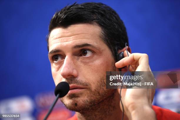 Blerim Dzemaili of Switzerland speaks to the media during a press conference after the 2018 FIFA World Cup Russia group E match between Switzerland...