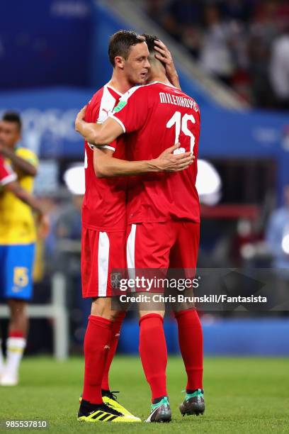 Nemanja Matic of Serbia hugs teammate Nikola Milenkovic after the 2018 FIFA World Cup Russia group E match between Serbia and Brazil at Spartak...