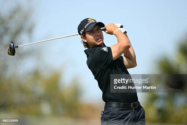 Manuel Villegas hits a shot during the second round of the Chitimacha Louisiana Open at Le Triomphe Country Club on March 26, 2010 in Broussard,...