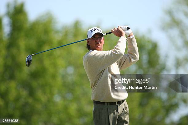 John Riegger hits a shot during the second round of the Chitimacha Louisiana Open at Le Triomphe Country Club on March 26, 2010 in Broussard,...