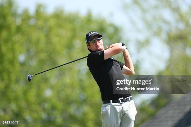 Aron Price hits a shot during the second round of the Chitimacha Louisiana Open at Le Triomphe Country Club on March 26, 2010 in Broussard, Louisiana.