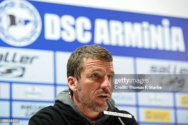 Head coach Marco Kurz of Kaiserslautern speaks at the press conference after the Second Bundesliga match between Arminia Bielefeld and 1. FC...