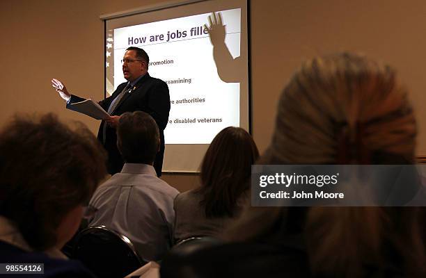 Instructor John Brence gives a session entitled "10 Steps to a Federal Job" at the "Job Hunters Boot Camp" on April 19, 2010 in Aurora, Colorado....