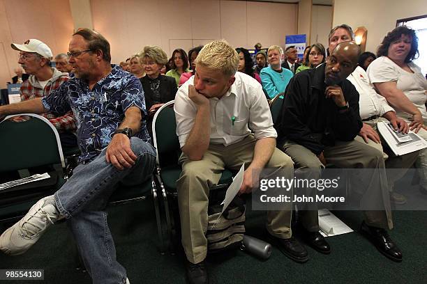 Coloradans listen during the opening session of the "Job Hunters Boot Camp" on April 19, 2010 in Aurora, Colorado. Hundreds of unemployed residents...