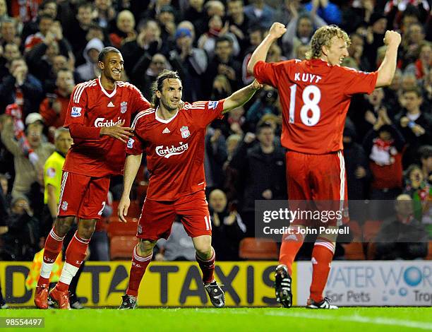 Sotirios Kyrgiakos of Liverpool celebrates after scoring the third during the Barclays Premier League match between Liverpool and West ham United at...