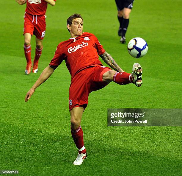 Daniel Agger of Liverpool stock during the Barclays Premier League match between Liverpool and West ham United at Anfield on April 19, 2010 in...