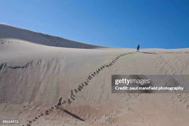 woman and girl walking up sand dune - garopaba stock pictures, royalty-free photos & images