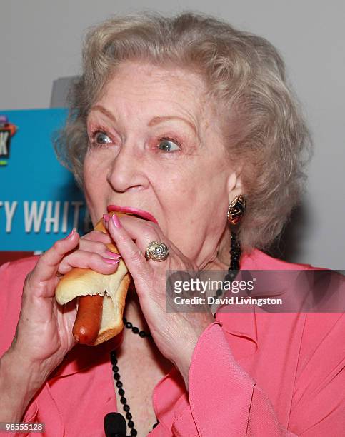 Actress Betty White attends the opening of Pink's Hot Dogs and the unveiling of the Betty White "Naked" Hot Dog at Pink's Universal CityWalk on April...