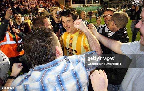 Joey Barton celebrates with fans after the Coca Cola Championship match between Plymouth Argyle and Newcastle United at the Home Park on April 19,...