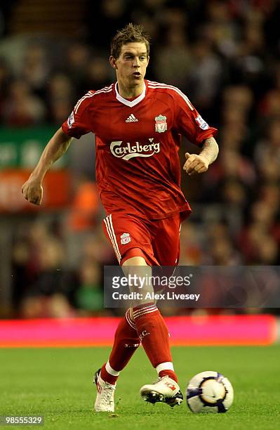 Daniel Agger of Liverpool in action during the Barclays Premier League match between Liverpool and West ham United at Anfield on April 19, 2010 in...