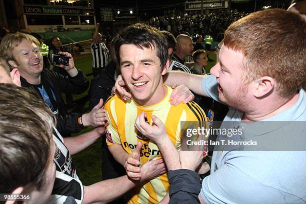 Joey Barton celebrates with fans after the Coca Cola Championship match between Plymouth Argyle and Newcastle United at the Home Park on April 19,...