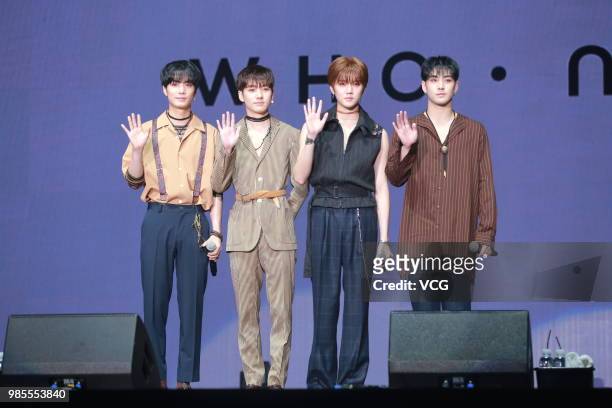 Members JR , Aron , Baekho and Ren of South Korean boy group NU'EST W attend the showcase of album 'Who, You' on June 25, 2018 in Seoul, South Korea.