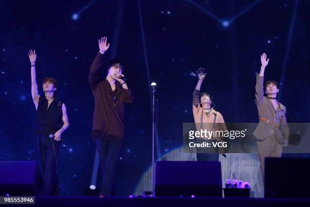 Members JR , Aron , Baekho and Ren of South Korean boy group NU'EST W perform onstage during the showcase of album 'Who, You' on June 25, 2018 in...