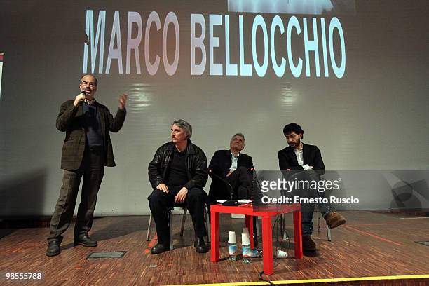 Mimmo Calopresti, Marco Bellocchio and Filippo Timi hold a Masterclass at Scuderie Del Quirinale on April 19, 2010 in Frascati, Italy.
